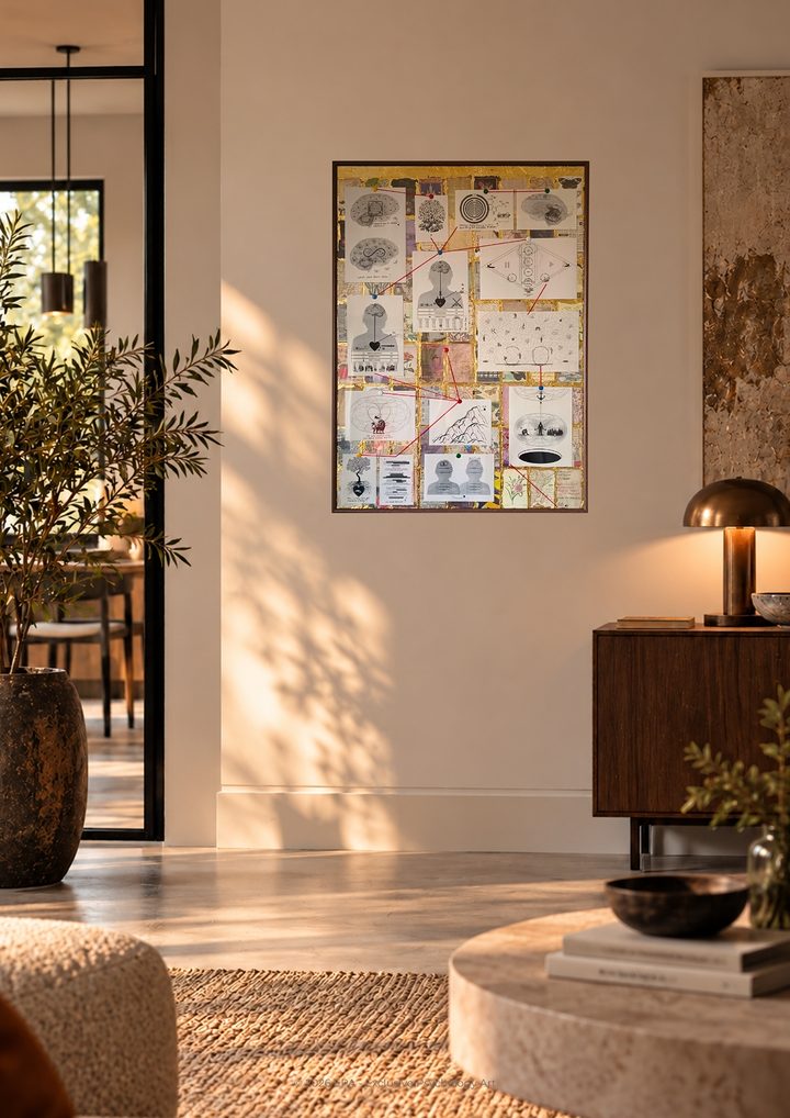Sfeerimpressie: het werk in een lichte hal met een houten dressoir.