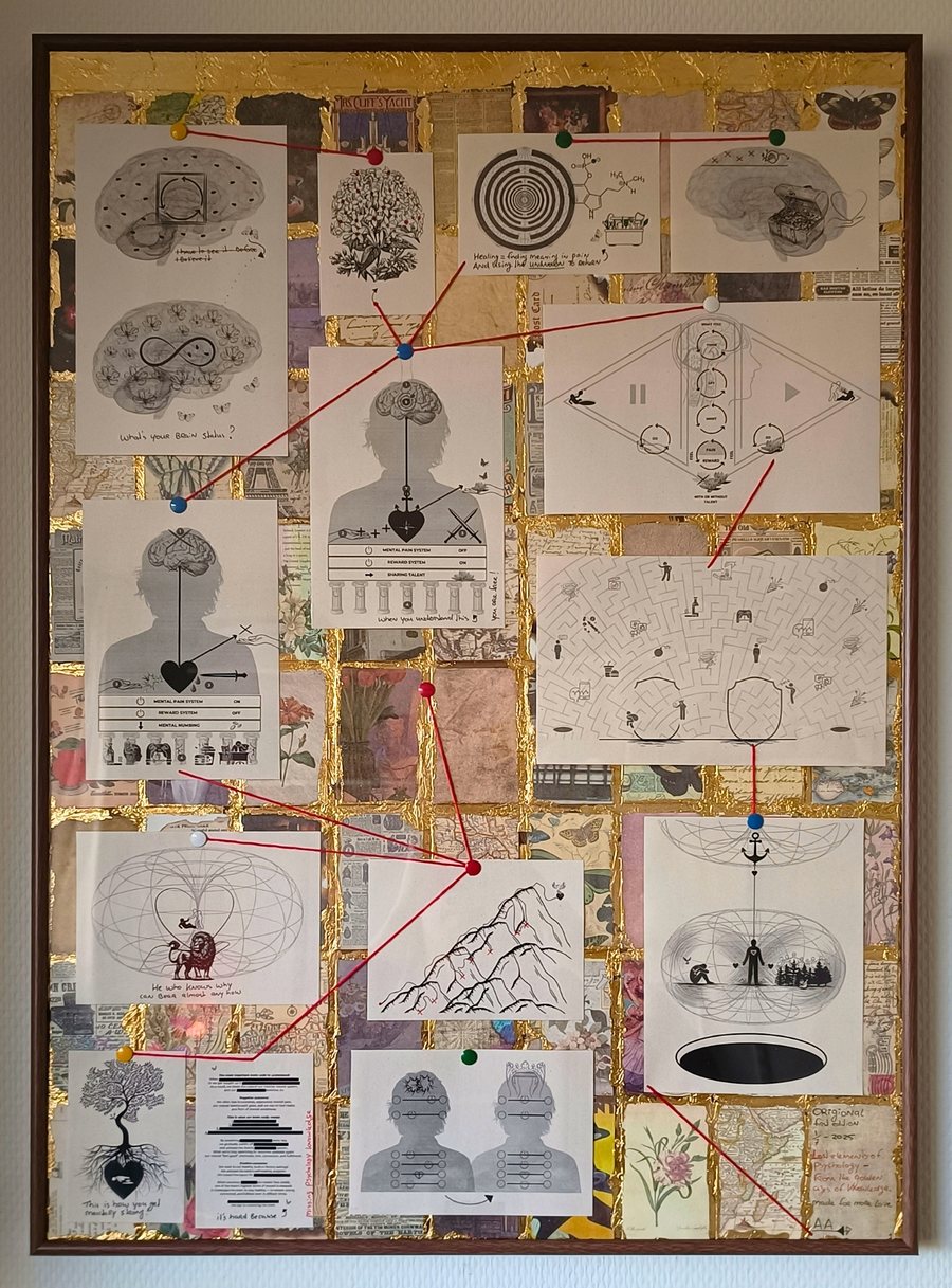 Lost elements of psychology: een ingelijst werk met bladgoud en vintage kaarten, waarop twaalf illustraties over het brein hangen, verbonden met rode draad op punaises.